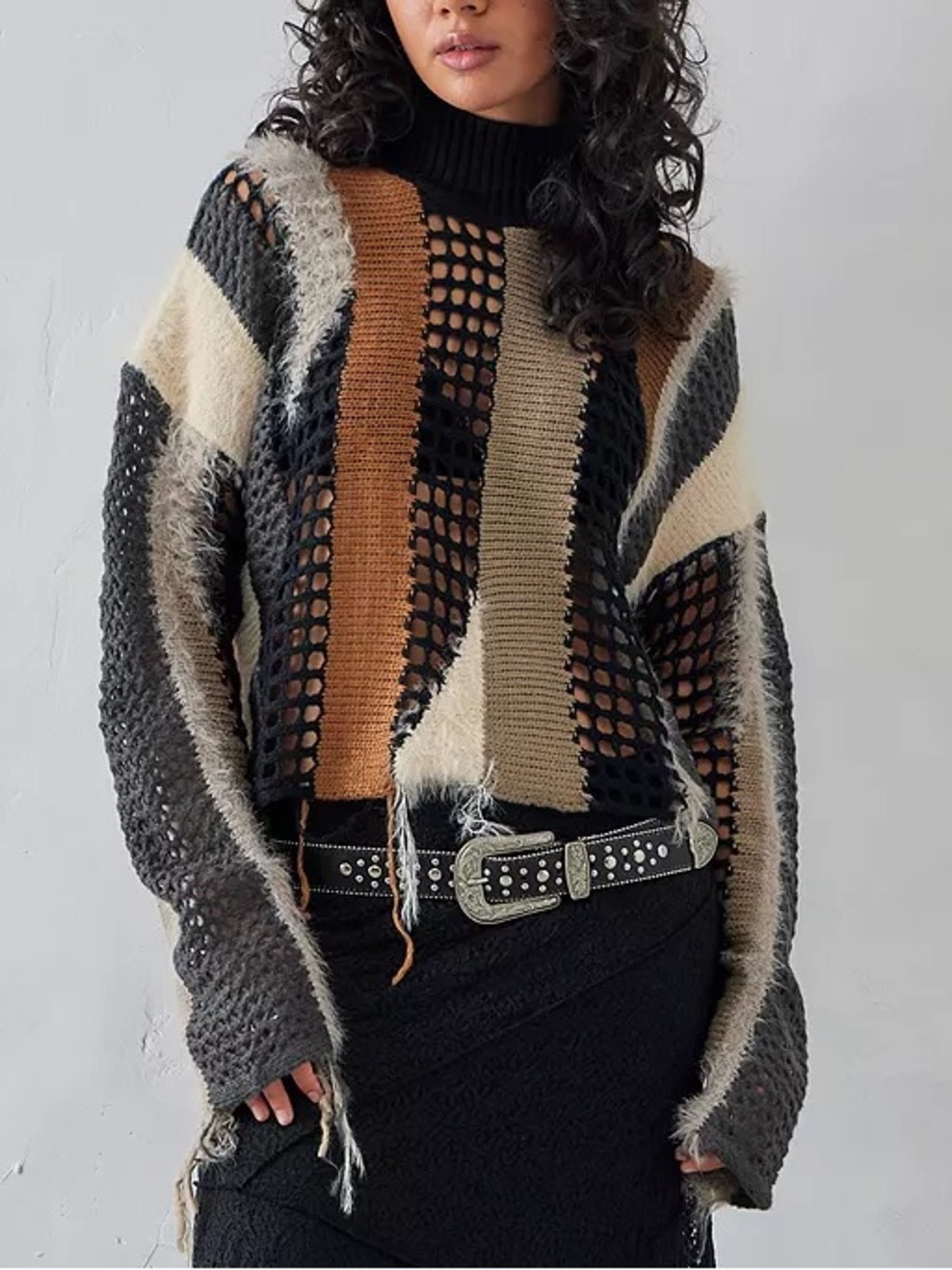 The Ragged Priest Crochet Knit Patchwork Stripe Earth Tone Slouchy Sweater XL